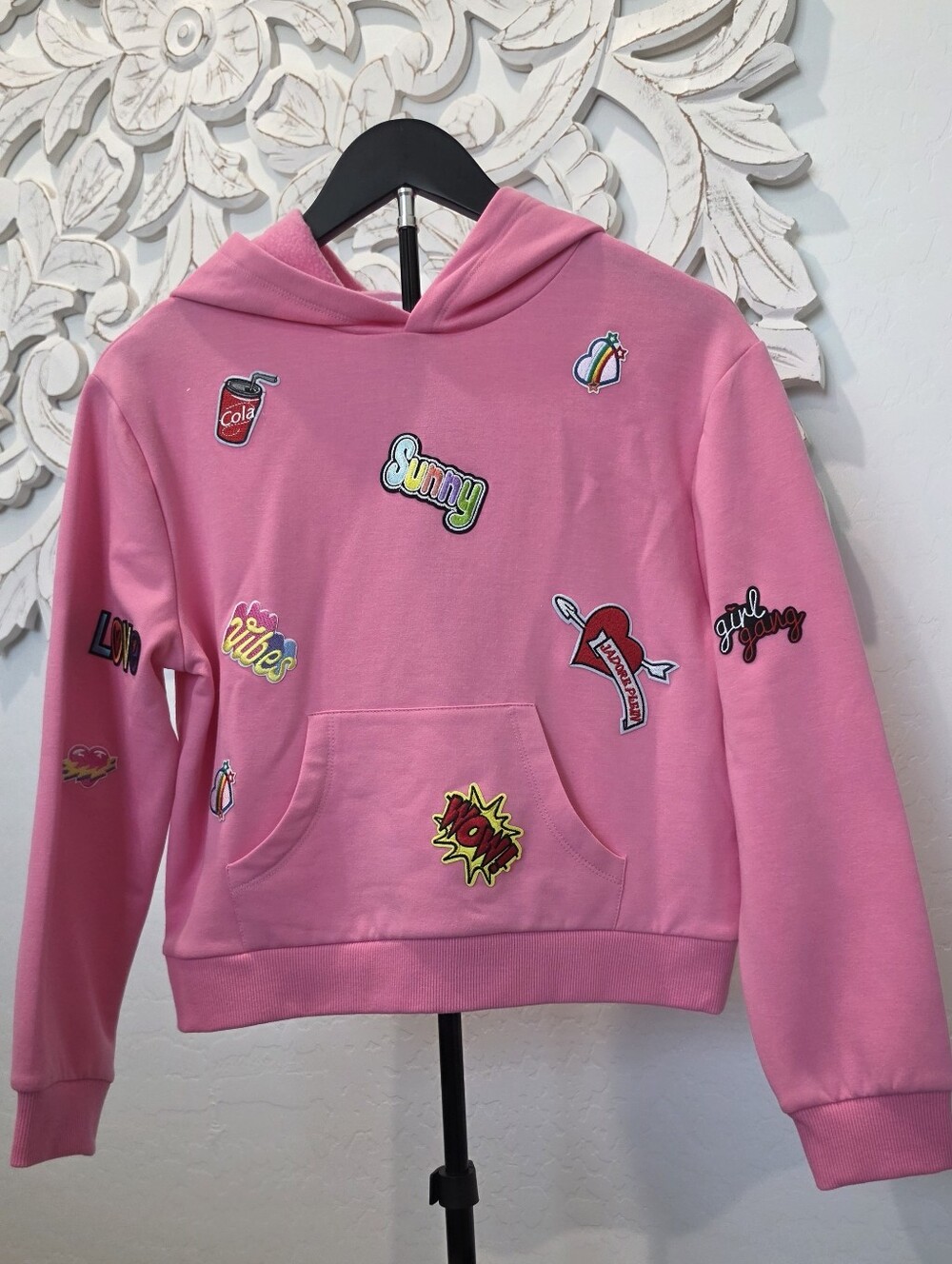 GB girls Pink Hooded Sweatshirt w/Fun Patch Appliqués Size Large 12/14 NWT